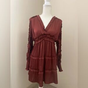 Orange Tiered V-Neck Sundress with Bishop Sleeves